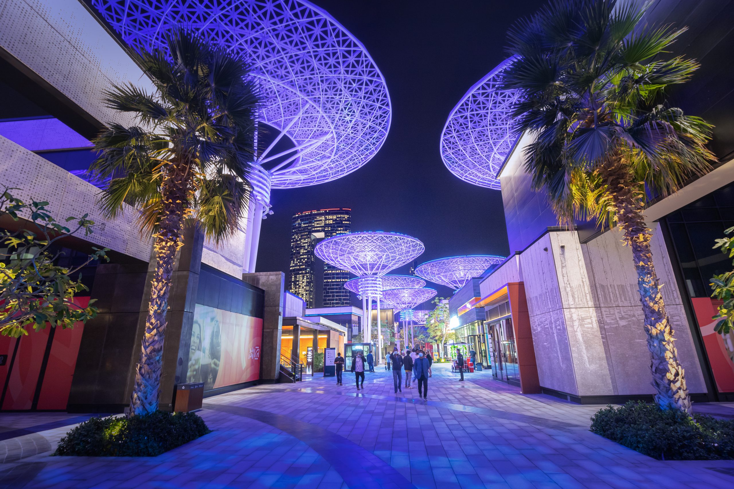 22 February 2021, Dubai, UAE: Popular Dubai tourist attraction - alley of glowing metal decotative super trees on blue waters Island. Great spot for instagram photo
