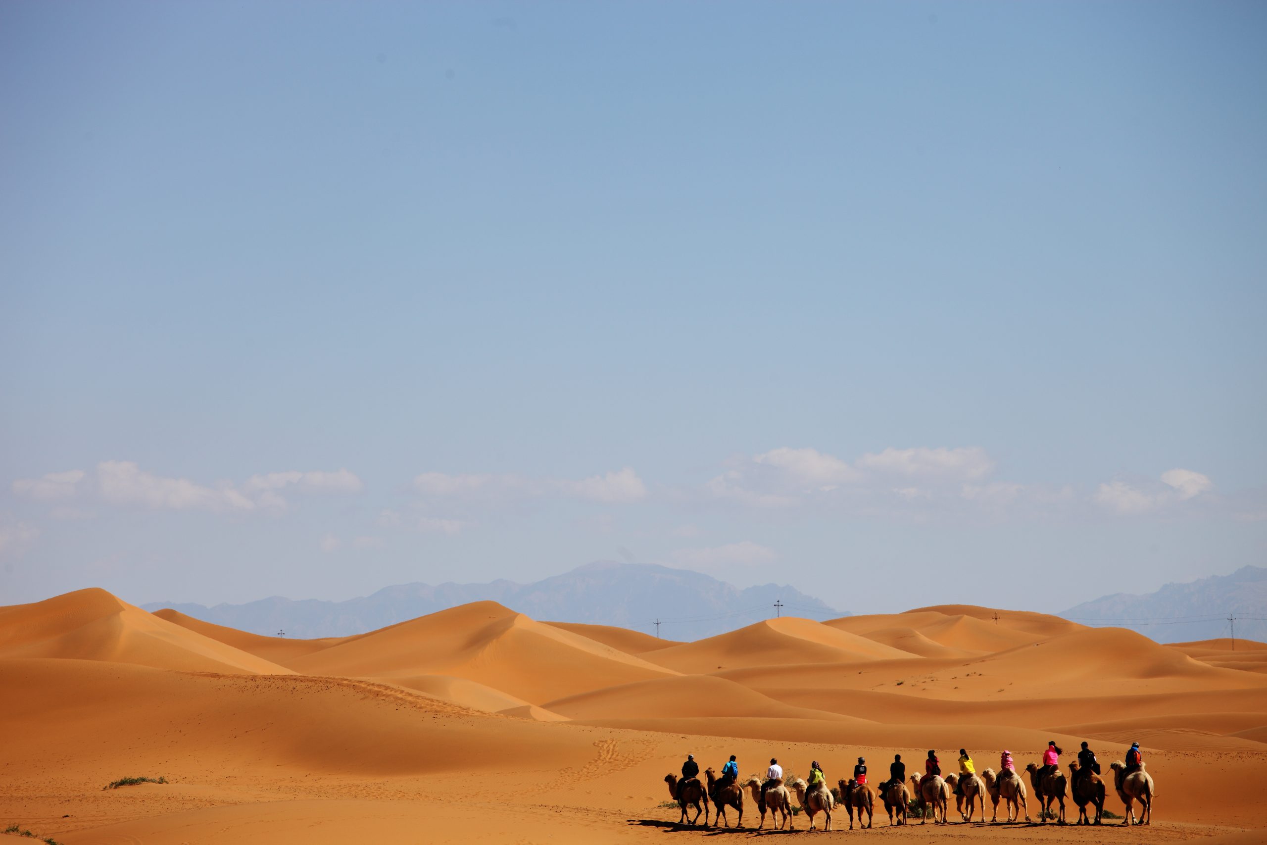 A camel caravan in a desert in Xinjiang, China