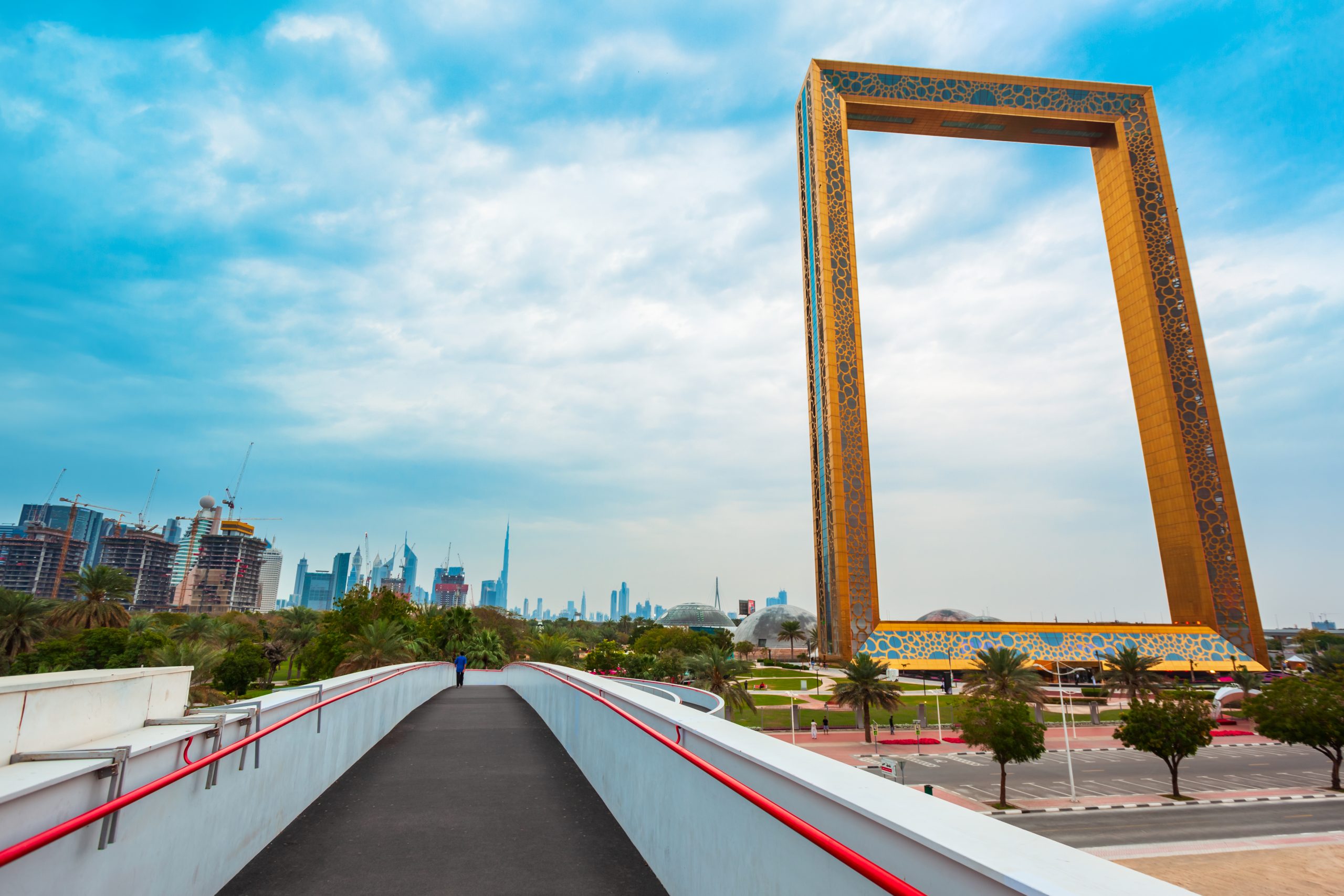 DUBAI, UAE - FEBRUARY 27, 2019: Dubai Frame is an architectural landmark located in Zabeel Park in Dubai city in UAE